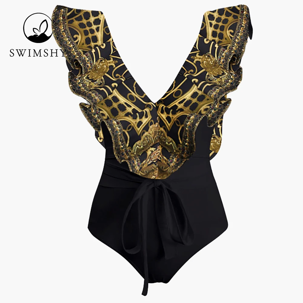 2022 Fashion Print Swimsuits Sexy Chic One-piece Swimwear Summer Beach Wear Ruffle V-neck Bikinis Women's Bathing Suit Backless