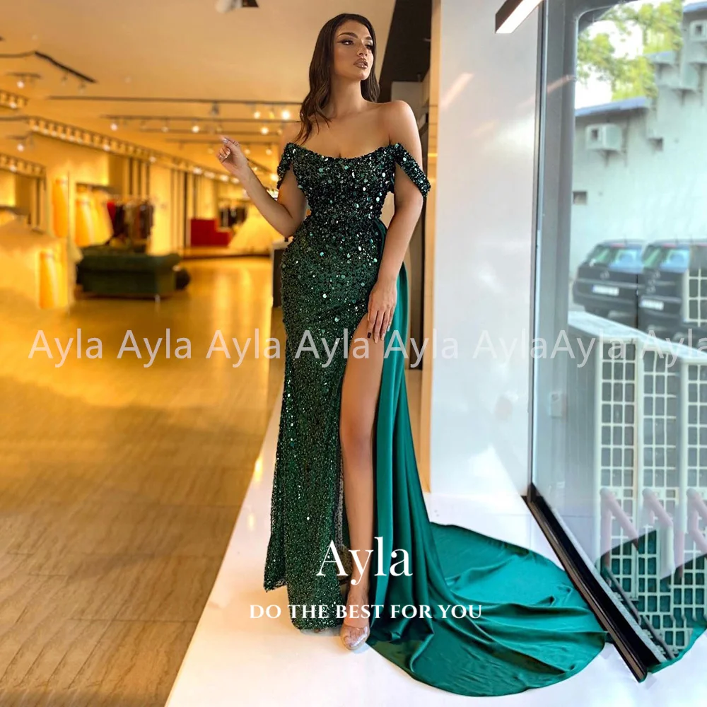 

Luxury Mermaid Formal Occasion Dresses Sequins Evening Dress Off The Shoulder Satin Evening Gown Backless Prom Dress فستان سهرة