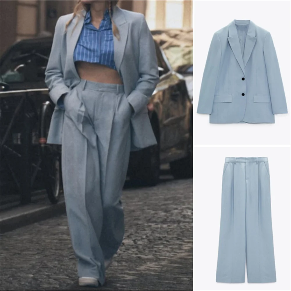 

BM&MD&ZA 2022 Autumn New Style Breasted Closed Straight Long Suit Jacket + High Waist Loose Trousers 4432805 5427539