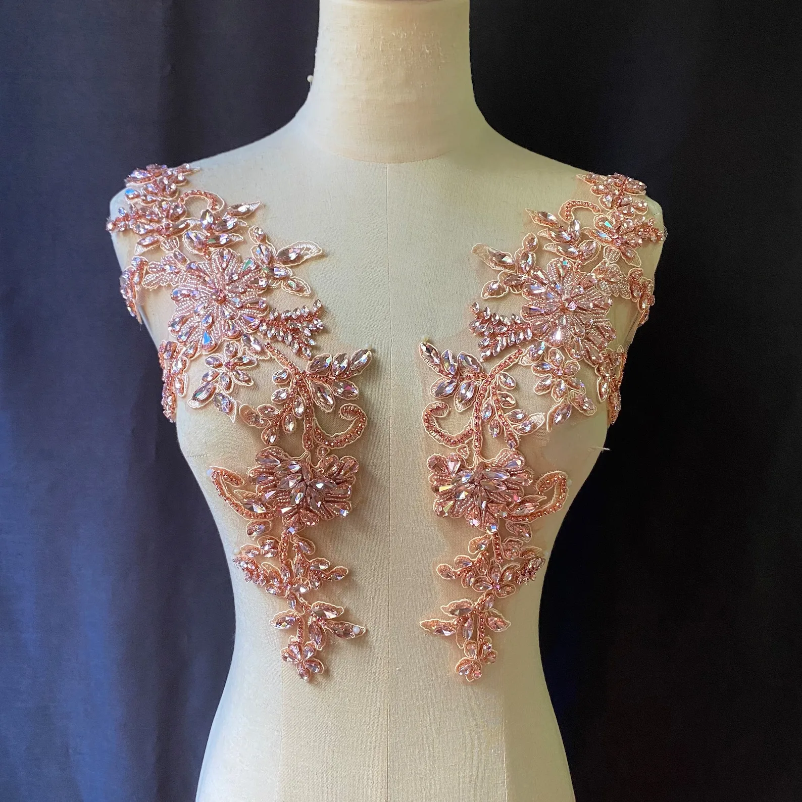 

Light Pink Rhinestone Applique Heavy Crystal Bead Patch for Couture Bridal Dress Dance Costume