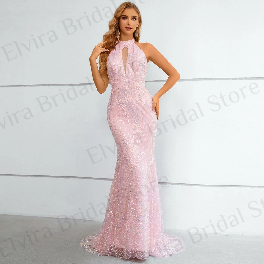 

Женское блестящее вечернее платье, розовое платье с лямкой на шее, открытой спиной и блестками без рукавов, длинное официальное платье со шлейфом и юбкой-годе, 2023