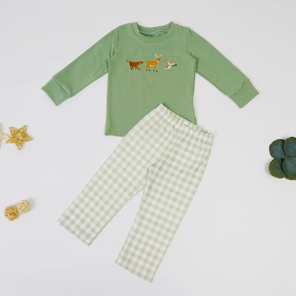 

Toddler Outfits Baby Boys Clothes Set Kids Animal Embroidery Bodysuit Long Sleeve Green Lattice Pants Infant Suit For 1-8T Boy