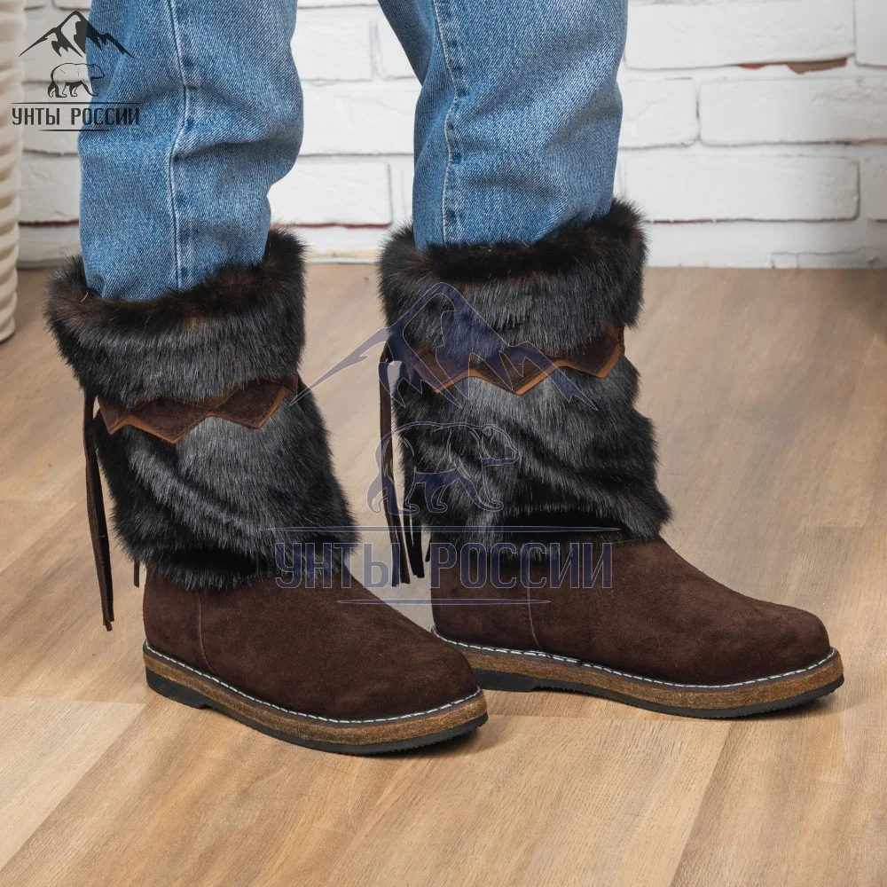 Унты женские натуральные черные и коричневые войлочная литая подошва сапоги