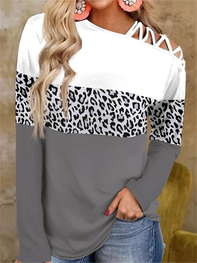 Односторонние футболки с открытыми плечами, женские модные блузки с леопардовым принтом и перекрещивающимися книзу рукавами, топы 2022 y2k, Повседневная футболка, Топ с длинным рукавом