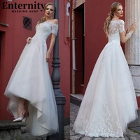2022 unique a line lace appliques wedding dresses high low illusion back short sleeves bridal gown customized vestido de novia