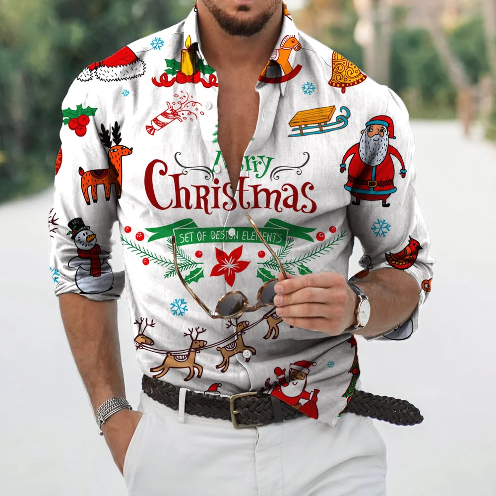 2022 Christmas Shirt Men's 3D Print Holiday Party Long Sleeve Single breasted Shirt Oversized T-shirt Harajuku Clothing S-6XL