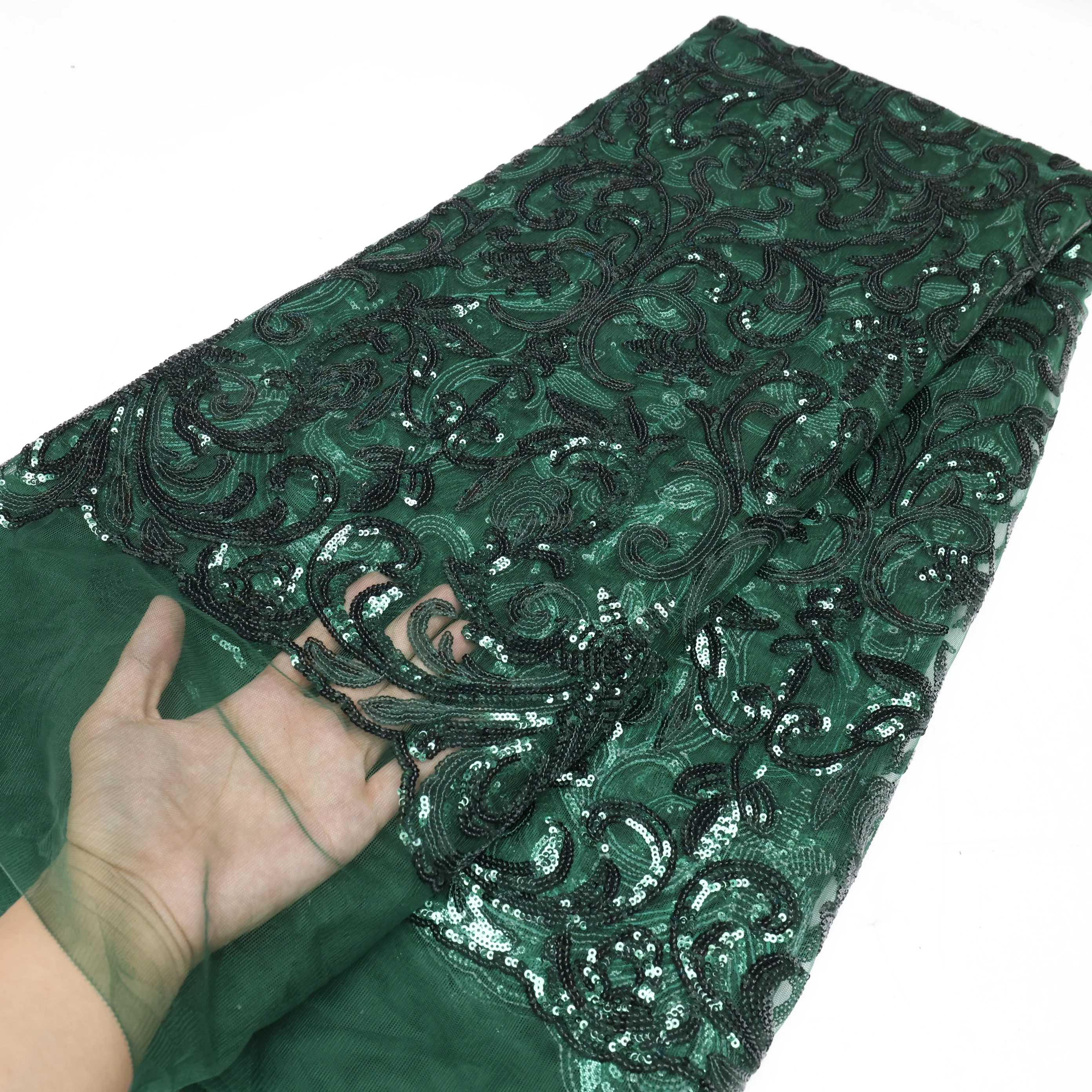 NI.AI 2022 African Green Sequins Tulle Lace Fabric Latest Nigerian Sequin Tulle Lace Fabrics 5 Yards French Net Lace For Dresses