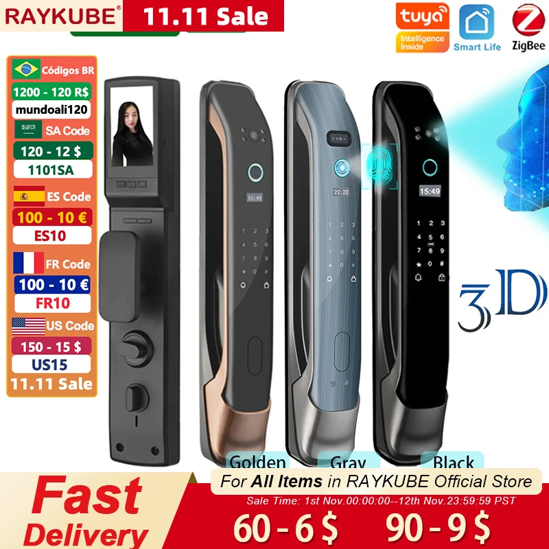 Дешево RAYKUBE DF3 3D Eletronic Zigbee дверной замок распознавание лица биометрический отпечаток пальца умный дверной замок с камерой глазок Продажа RAYKUBE DF3 3D Eletronic Zigbee дверной замок распознавание лица биометрический отпечаток пальца умный дверной замок с камерой глазок