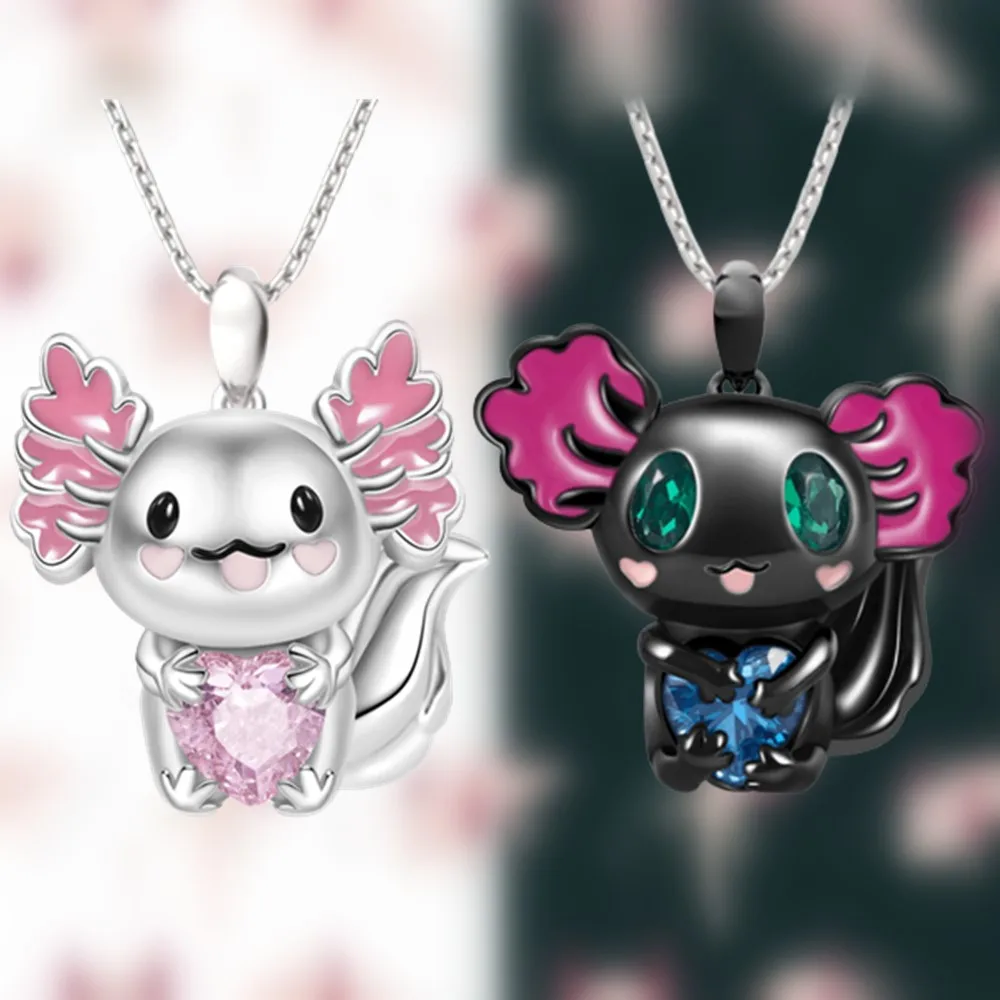 Pretty Cartoon Axolotl Heart Rhinestone Pendant Necklace Exquisite Women's Necklace Fashion Animal Pendant Jewelry Birthday Gift