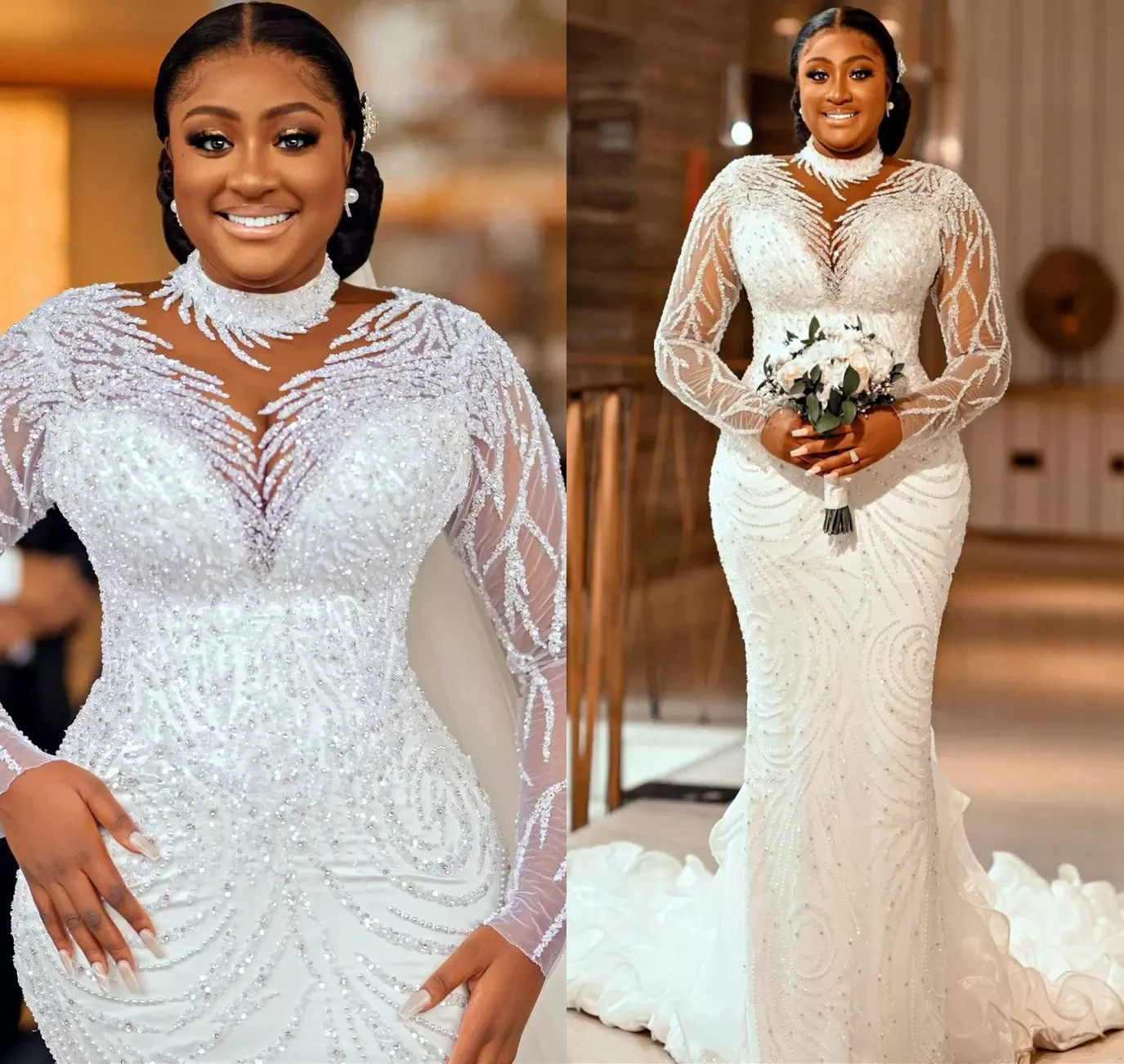 

Plus Size Mermaid Wedding Gowns Beaded Sequined High Neck Modest Bridal Gown Long Sleeve Robe de mariee