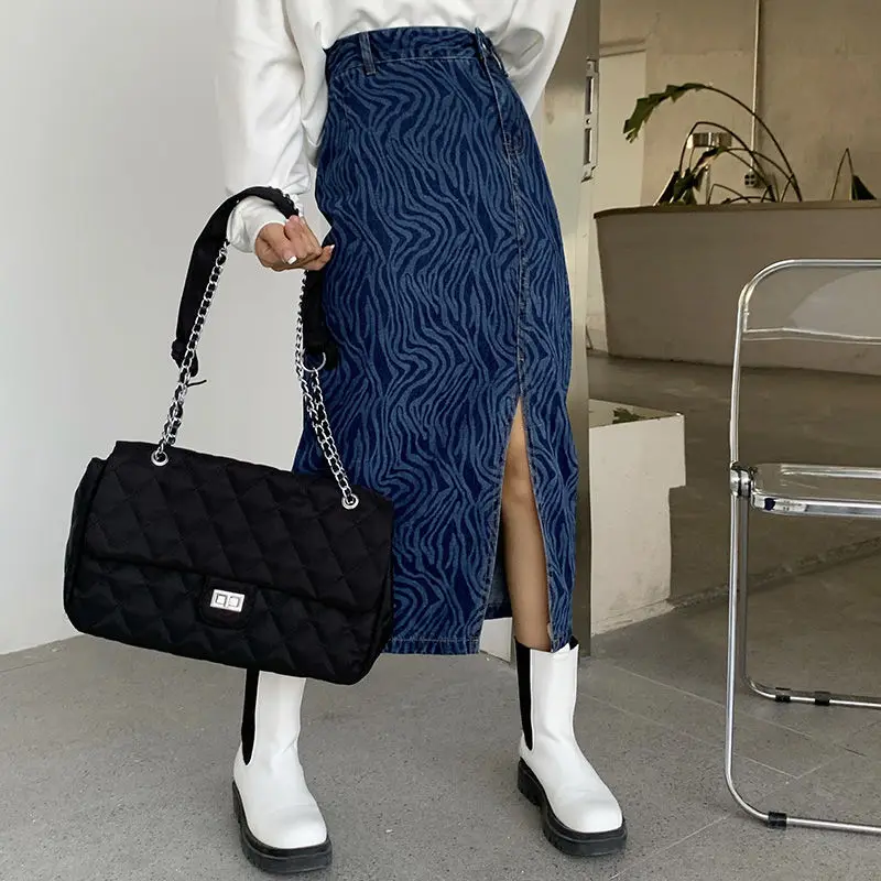 

COCOA Zebra Skirt Casual Jeans Elegant Korean Slimming Split Skirts Y2k Streetwear Denim Long Skirts 2022 New Women's Clothing