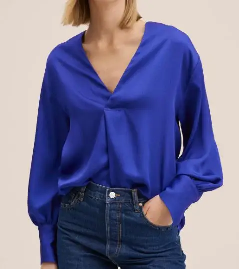 

women long sleeves v-neck blouse satin silk feel elegant shirt