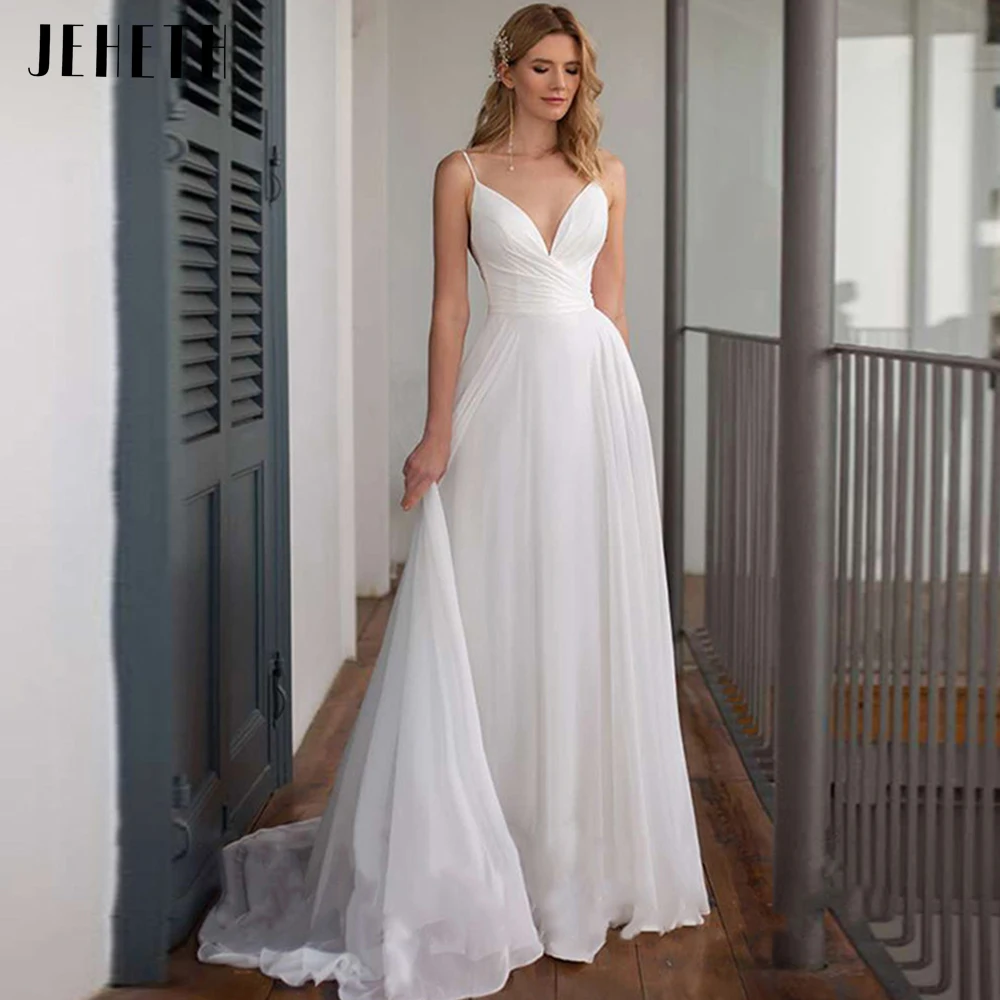 

Женское шифоновое платье на бретелях-спагетти, Пляжное свадебное платье с V-образным вырезом и рюшами, ТРАПЕЦИЕВИДНОЕ ПЛАТЬЕ в богемном сти...