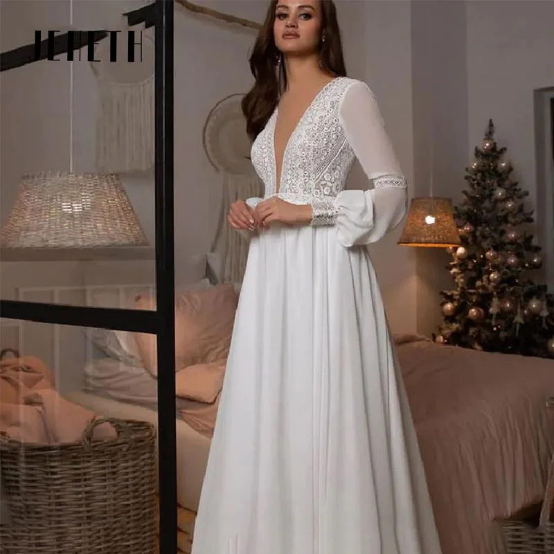 

JEHETH Bohemian Wedding Dresses For Women Deep V-Neck Sexy Backless Chiffon Bridal Gown Elegant Long Sleeve Dress Custome