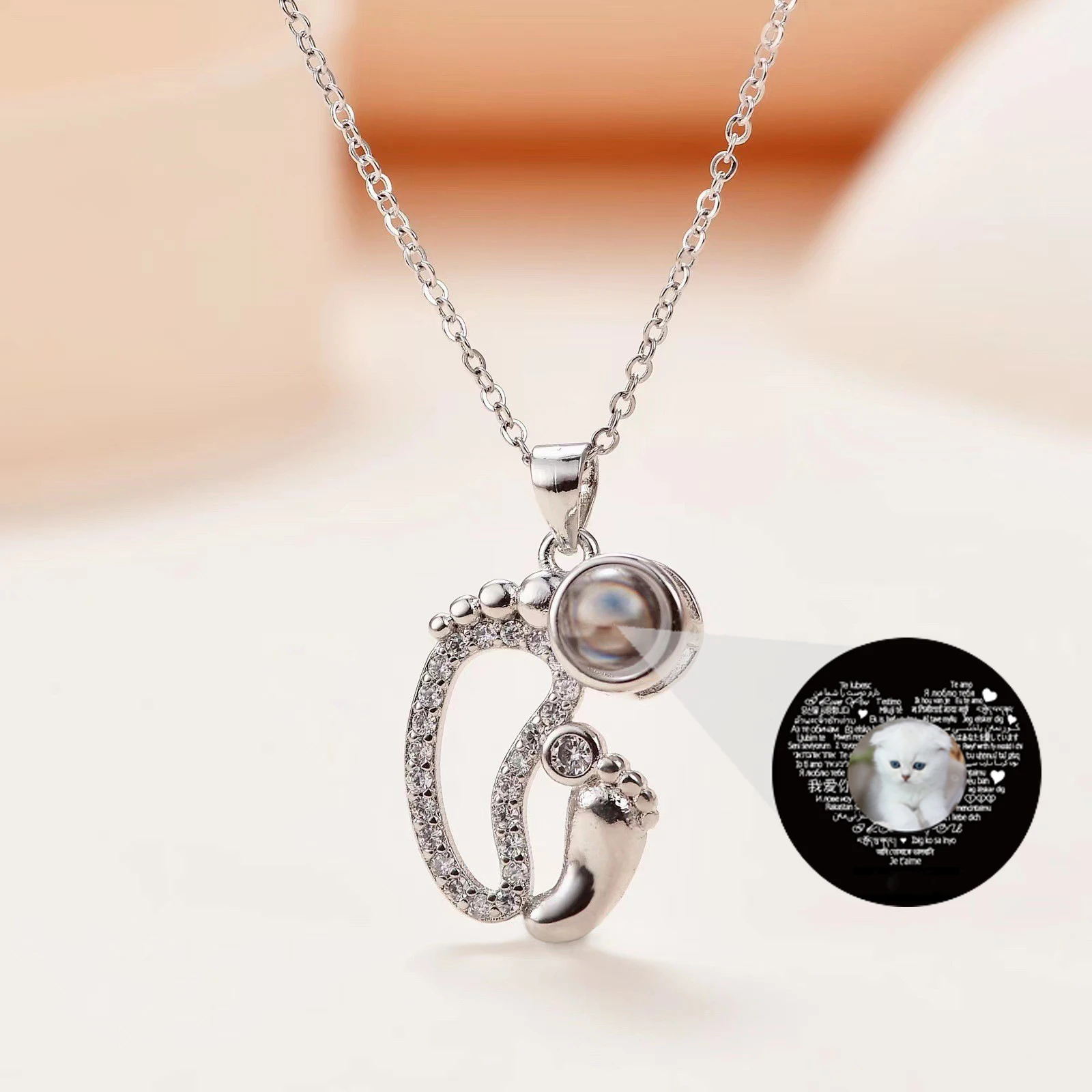 925 Sterling Silver Personalized Photo Projection Necklace Two Small Feet Pendant Baby Footprints Of Love Memory Gifts Women