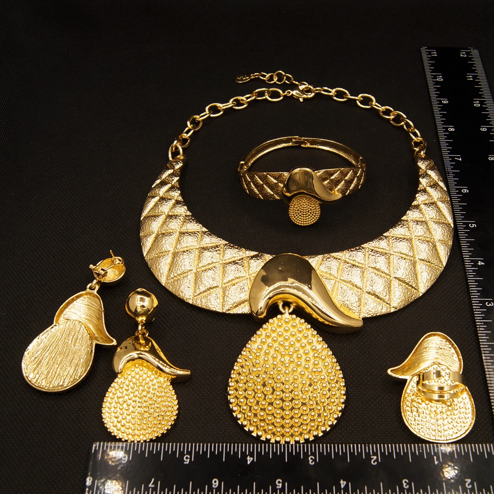 Jewelry Sets For Women Plating Gold Color Large Pendant Necklace Earring Bracelet Everyday Wear Nigerian Style Design