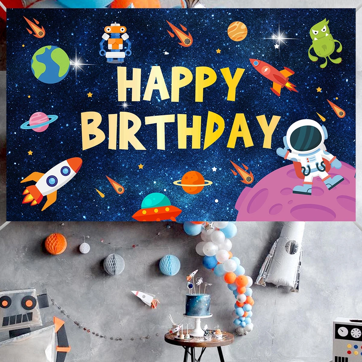

Universe Space Background Cloth Planet Spacecraft Astronaut Backdrop Baby Boy Birthday Party Decor Starry Sky Backdrop Banner