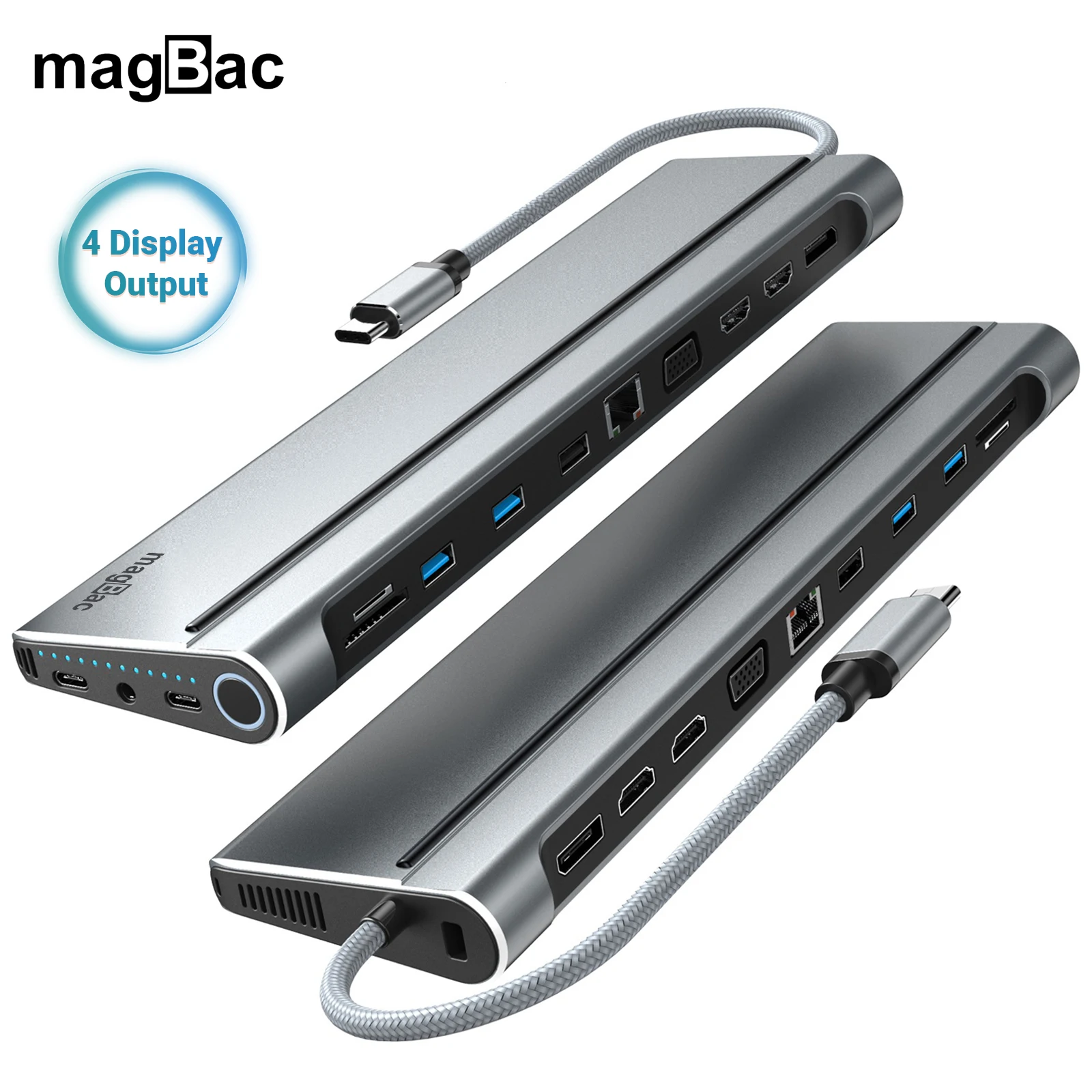 Док-станция magBac 14-в-1 с тройным дисплеем USB C, 4K UHD HDMI,DP,VGA, выключатель питания, Gigabit Ethernet, концентратор USB 3,0 типа C