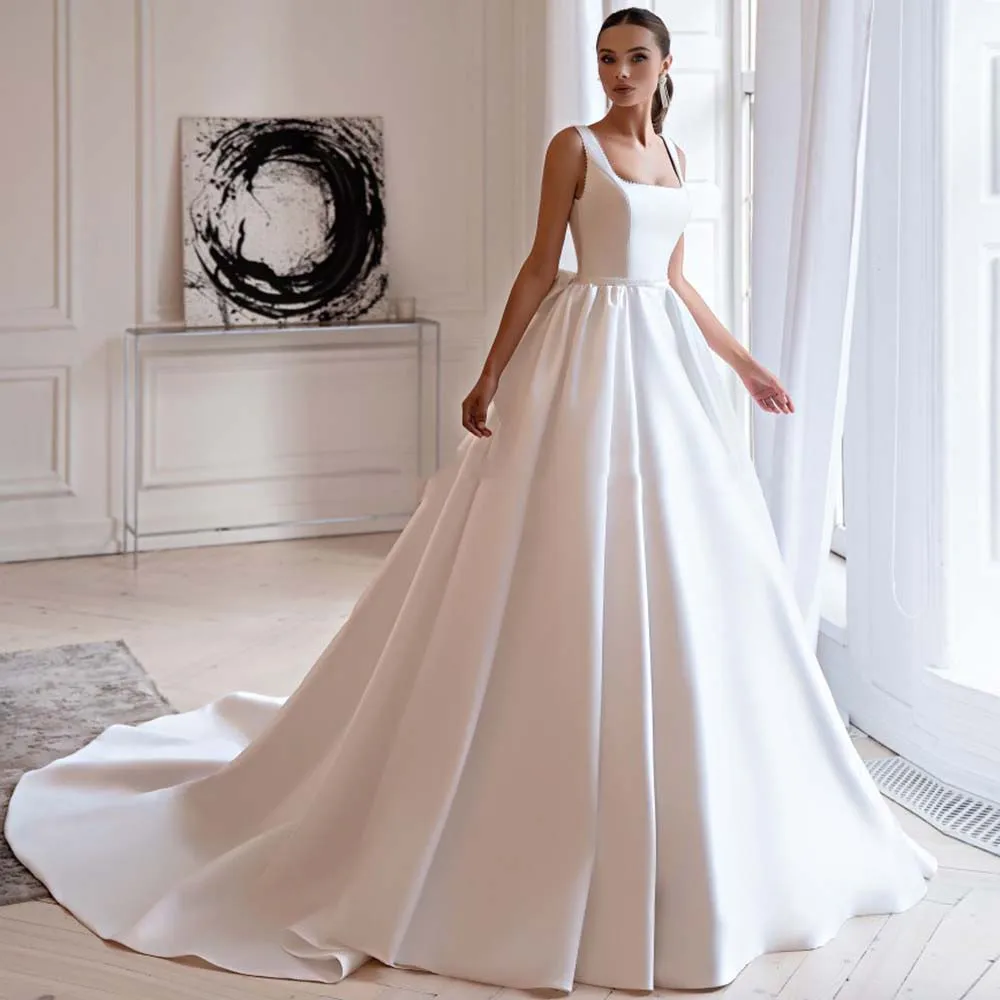 

Современные Свадебные платья с квадратным вырезом бальное платье на бретелях-спагетти для женщин Свадебное платье простое атласное платье...