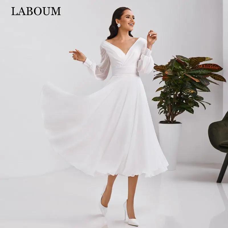 

Женское Короткое свадебное платье LaBoum, с V-образным вырезом и длинными рукавами, шифоновое ТРАПЕЦИЕВИДНОЕ платье невесты, с поясом, 2023