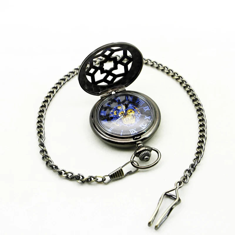 Black Classic Window Pattern Hollow Vintage Mechanical Pocket Watch For Men Ladies Steampunk Pendant Chain Hand Wind Fob Watch