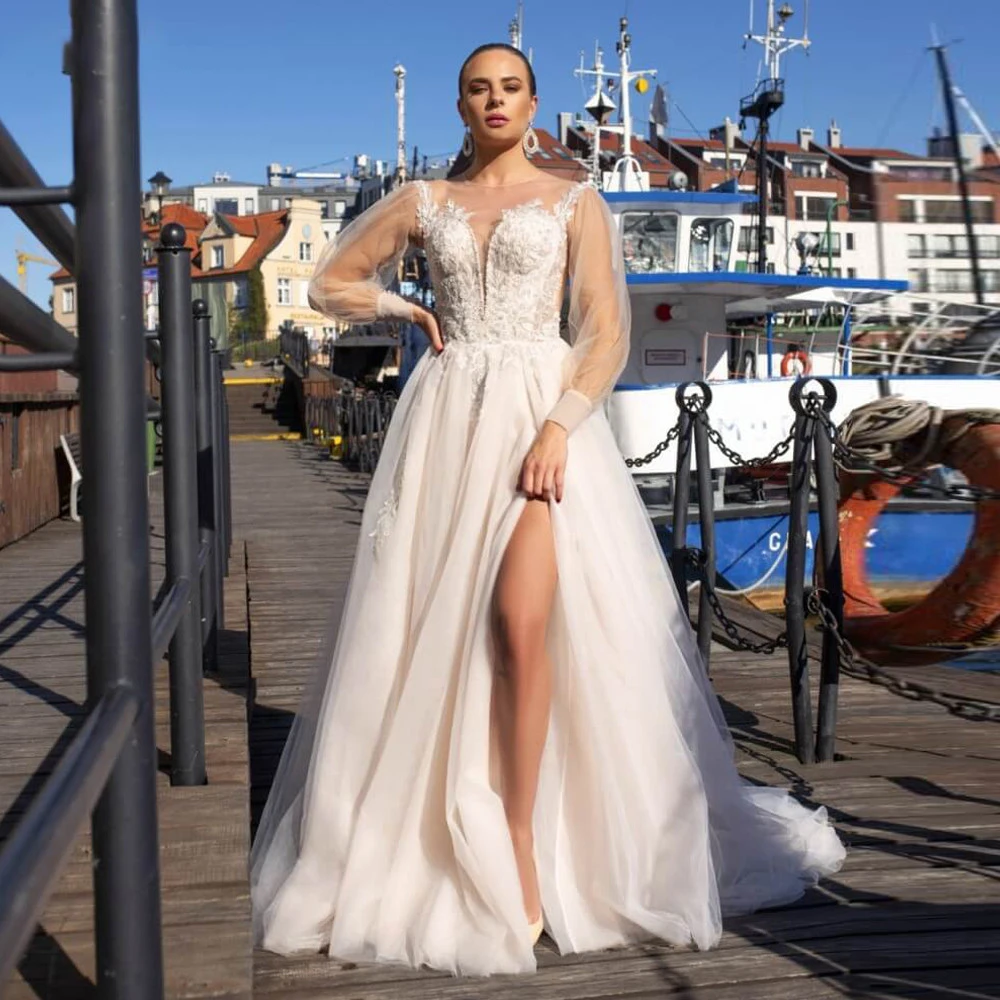 

A-Line O-Neck HY428 Wedding Dress For Women Floor Length Long Sleeves Tulle Charming Elegant Bridal Gowns Vestidos De Novia