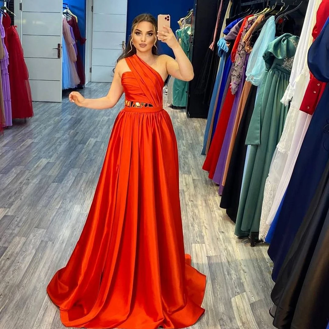

A-Line Satin One-Shoulder HF189 Evening Party Dresses For Women Floor Length Luxury Elegant Gowns Vestidos De Noche Robes Soirée