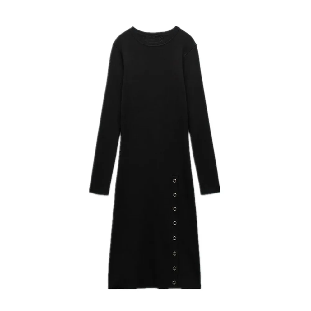 

PB&ZA winter new women's fashion simple black round neck long sleeve slim long breasted hem slit knitted dress 3519/144