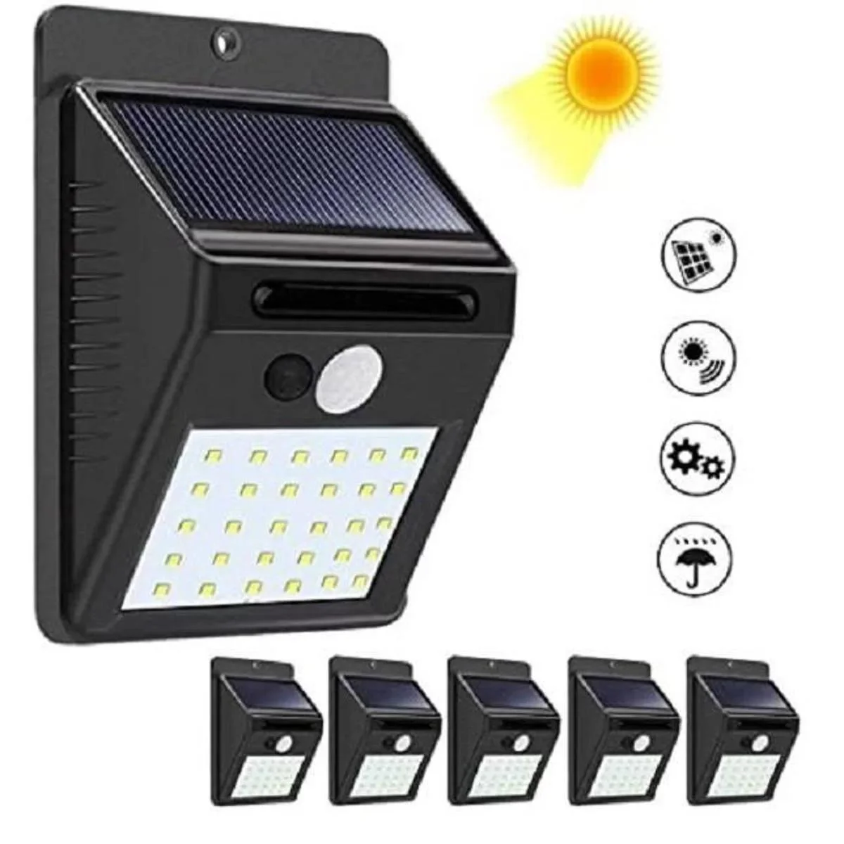 

Kit 5 Luminária Solar 30 Leds Refletor Balizador A Prova Dágua 3 Funções C/ Sensor De Presença