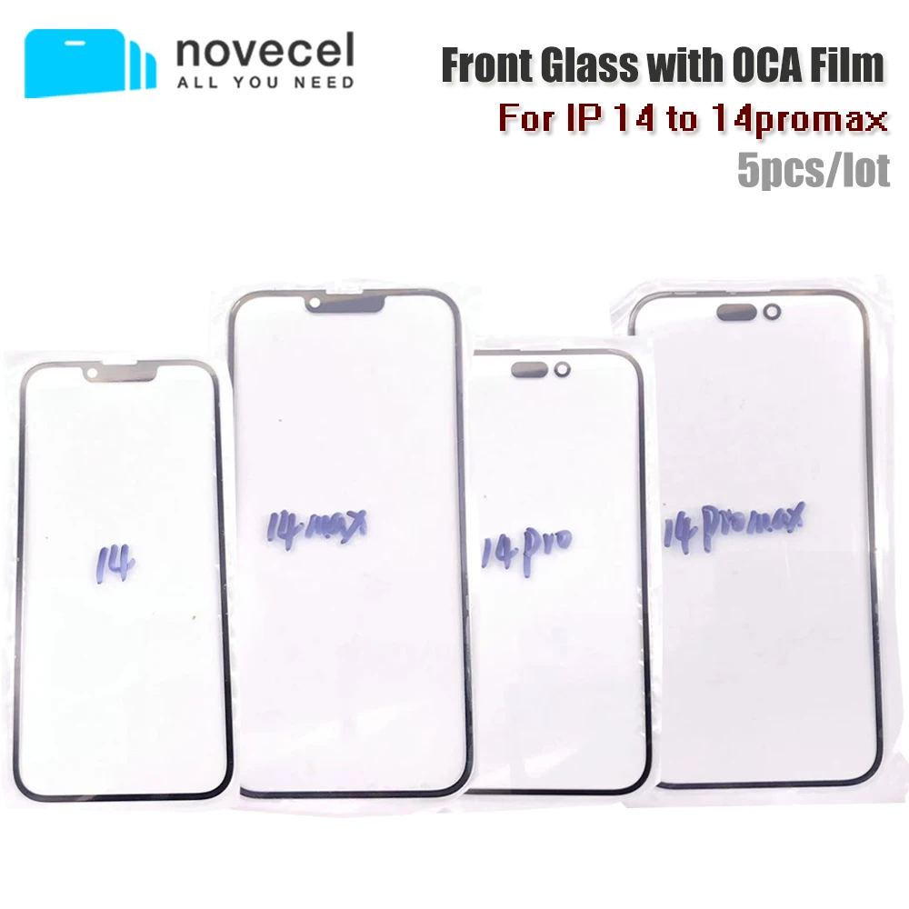 

NOVECEL 5pc For iPhone 14 pro Max 14pro 14plus Front Outer Screen Glass with OCA Glue Touch Panel Glass Repair Parts Replacement