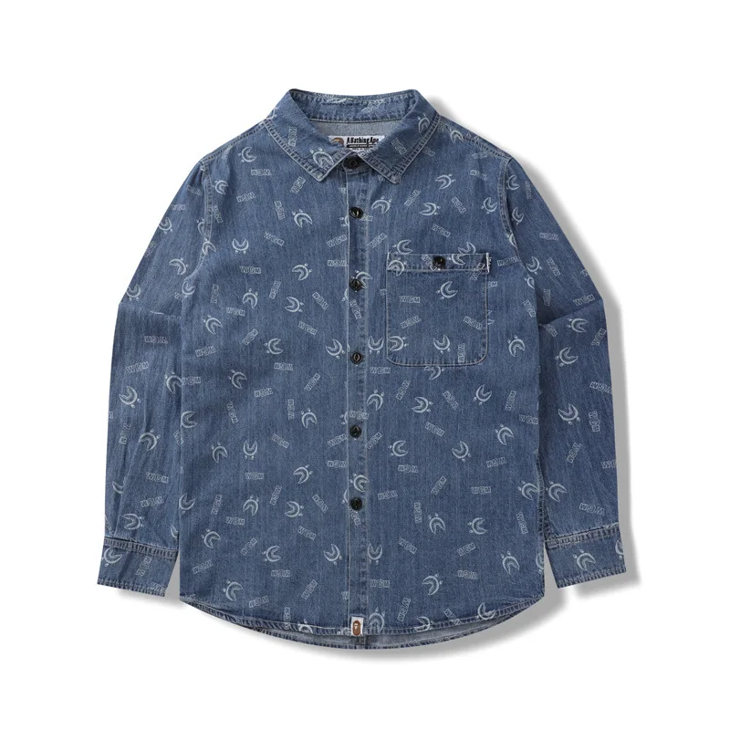 

Denim Blue 2022 Autumn New Japanese Fashion Brand Full Shark Head Printed Logo Wash Men's 100% Bape Shirt