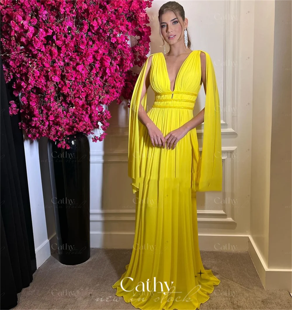 Купи Elegant Yellow A-line Evening Dress High Quality Silk Chiffon Vestidos De Fiesta Sexy Pagoda Sleeve Light Yellow Prom Dresses за 4,752 рублей в магазине AliExpress