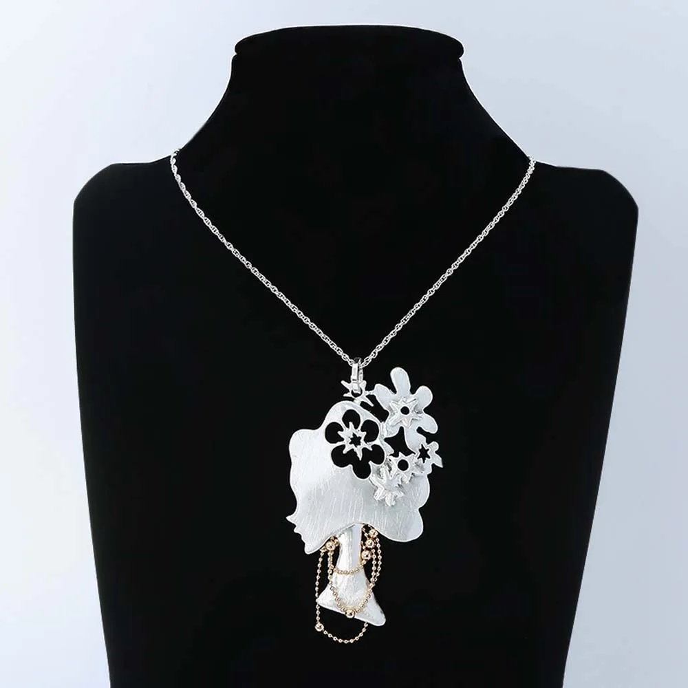 

Amorcome Fashion Metal Beauty Head with Flowers Pendants Suspension Necklaces Adjustable Long Statement Sweater Chains Collares