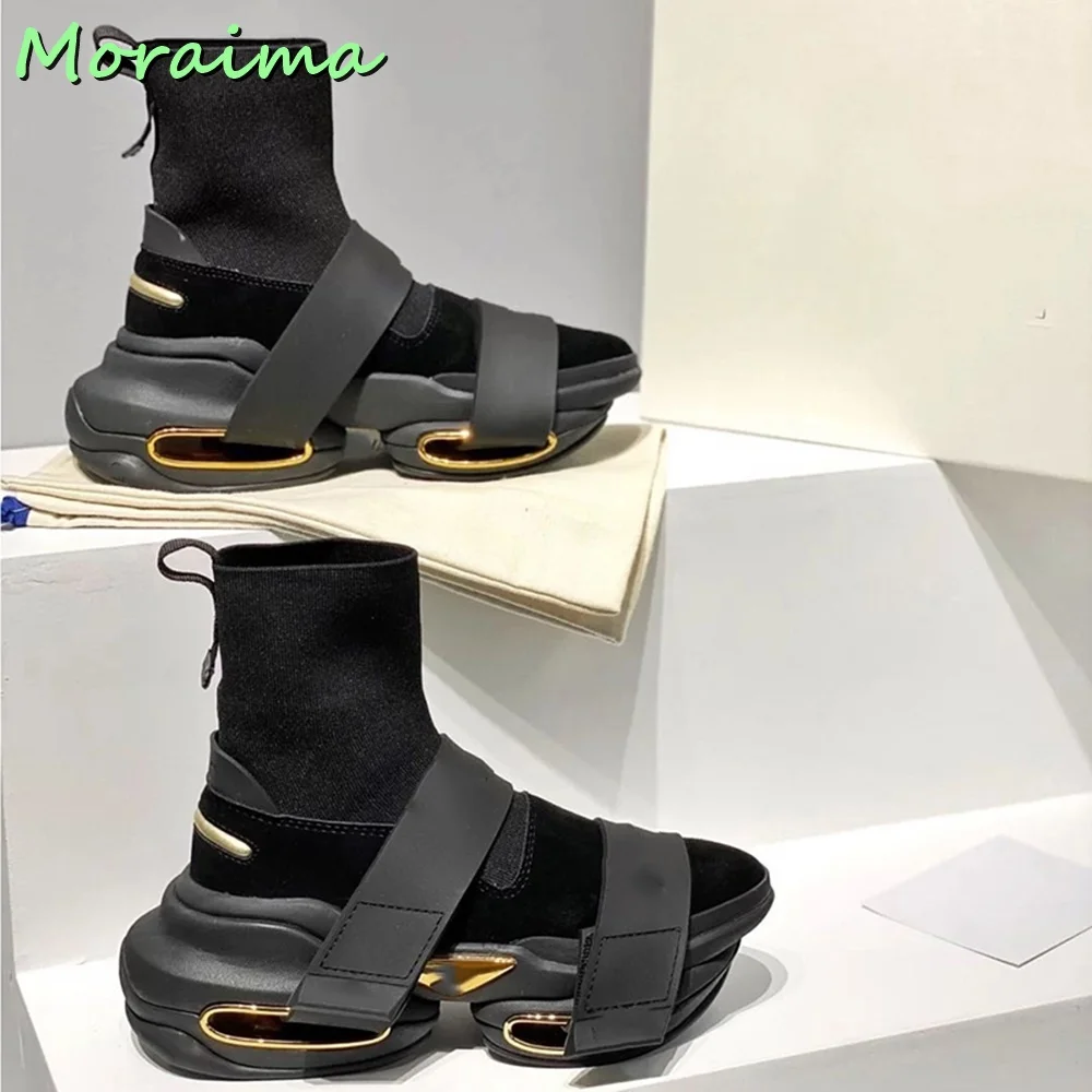 Round Toe Hook Loop Ankle Sock Boots Stitching Hollow Thick Bottom Slip On Black Solid British Style Fashion Women Shoes Autumn