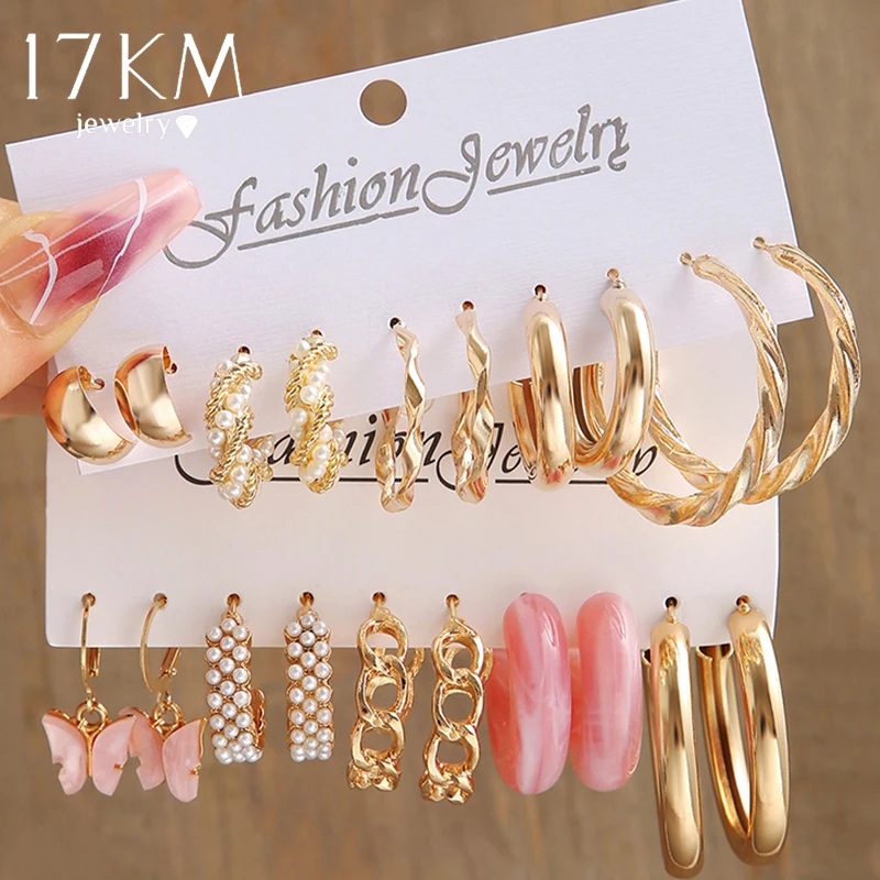 

10Pcs/Set Butterfly Twist Earrings Set Vintage Pearl Dangle Earring for Women Gold Silver Plated Hoop Acrylic Hollow Jewelry New