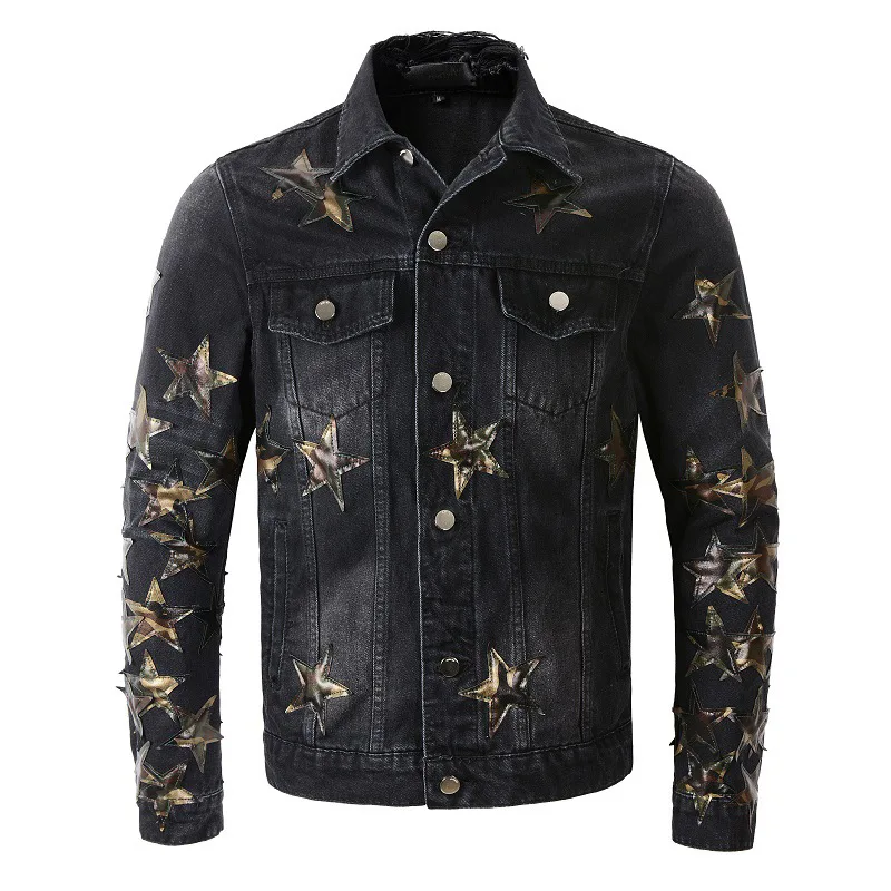 Vintage Black Distressed Streetwear Men Leather Stars Patches Ripped Slim Buttons Patchwork Pockets Denim Jackets Wholesale