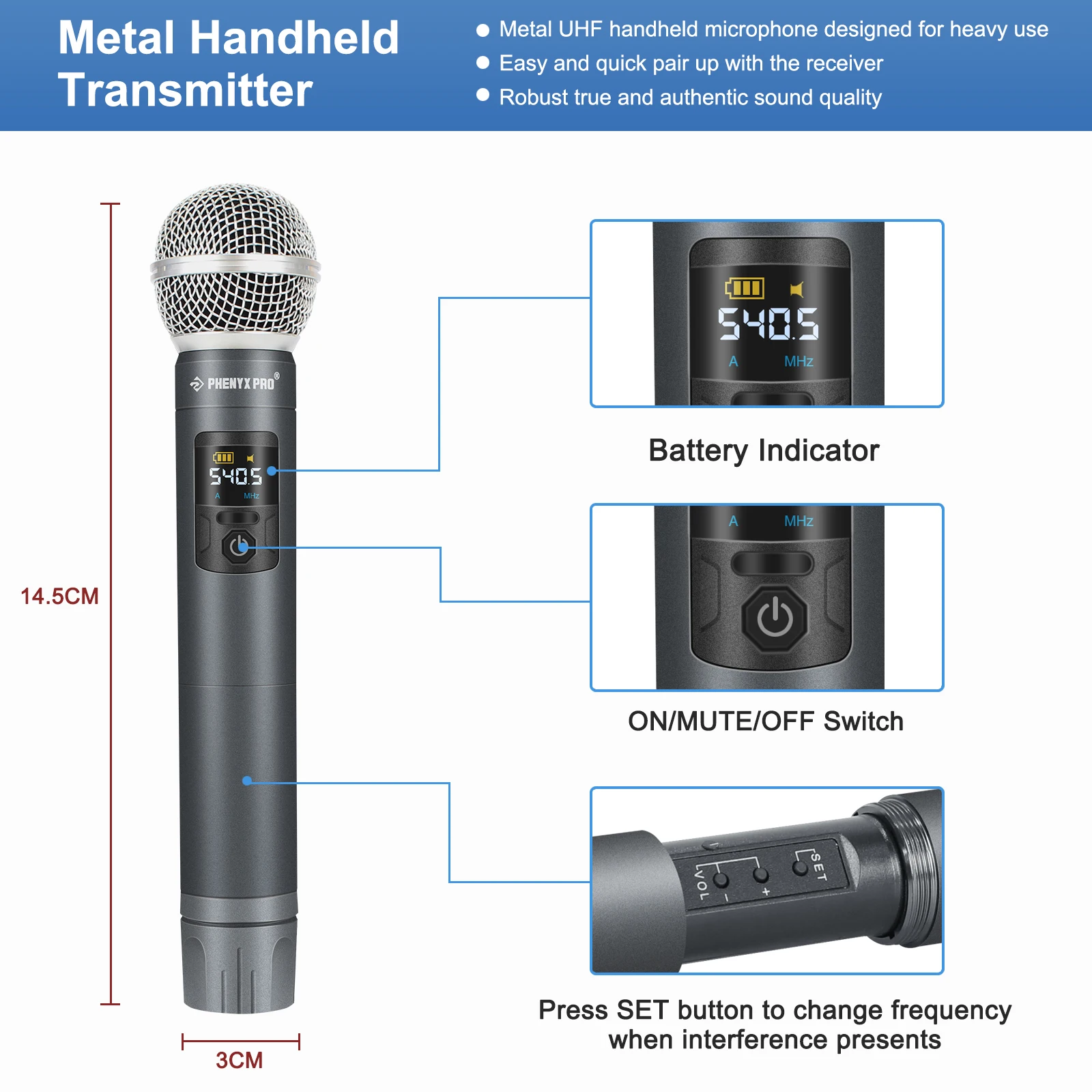 Профессиональный двойной беспроводной микрофон Phenyx Pro UHF сценическая система