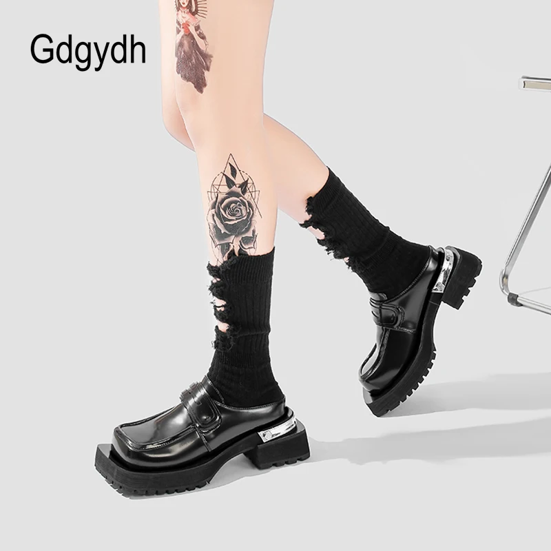 Gdgydh Korean Style Women Platform Mules Square Toe Solid Color Chunky Heels Slides Outdoor Casual Shoes Non-slip Slippers