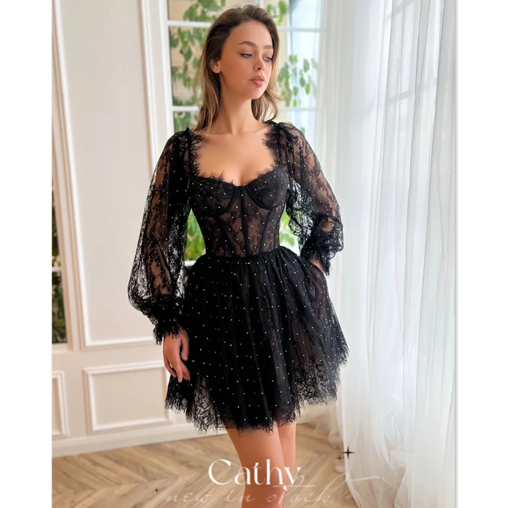 

Cathy Princess Mini Prom Dress Puffy Sleeve Short فستان سهرة Sweetheart Fishbone Party Dress Elegant Sequins Evening Dress