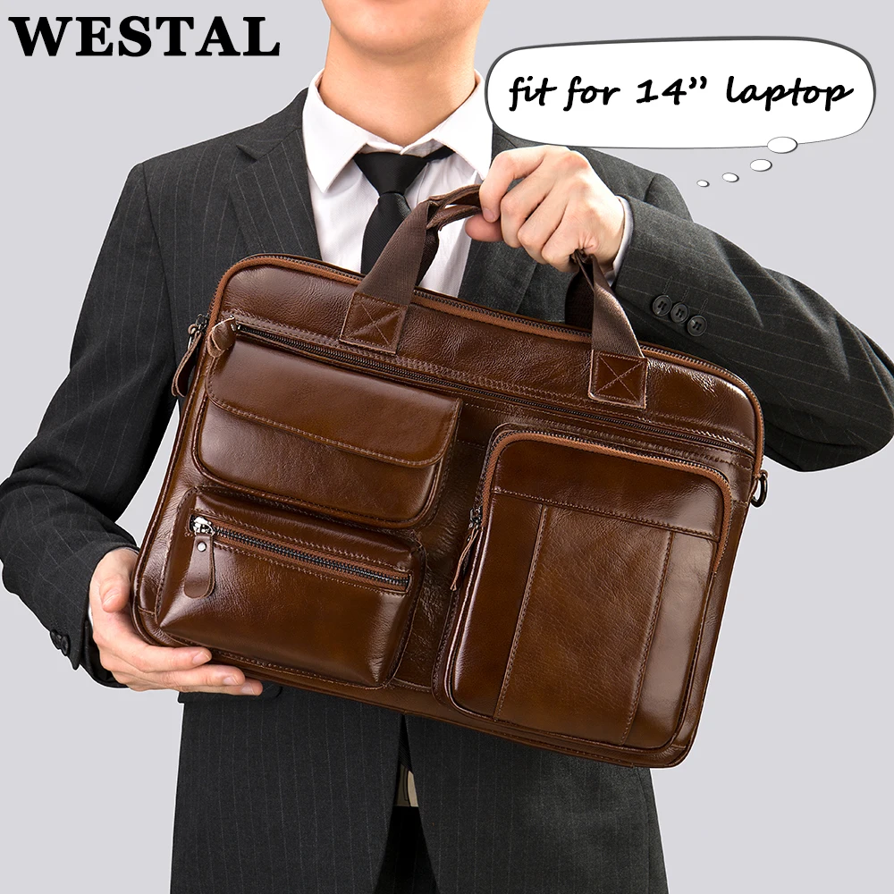 WESTAL New In Genuine Leather Men's Bag Man Executive Briefcase For 14”Laptop Male Cross Body Messenger Bag porte-documents A4
