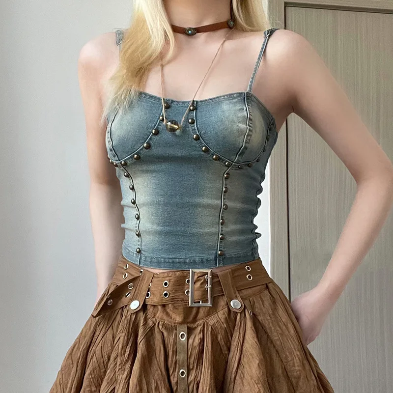 

Jeans Crop Top Backless Strap Camis Sexy Blue Y2K Sexy Tops Sleeveless Slim Y2K Denim Suspender Short Vest Women's 2023