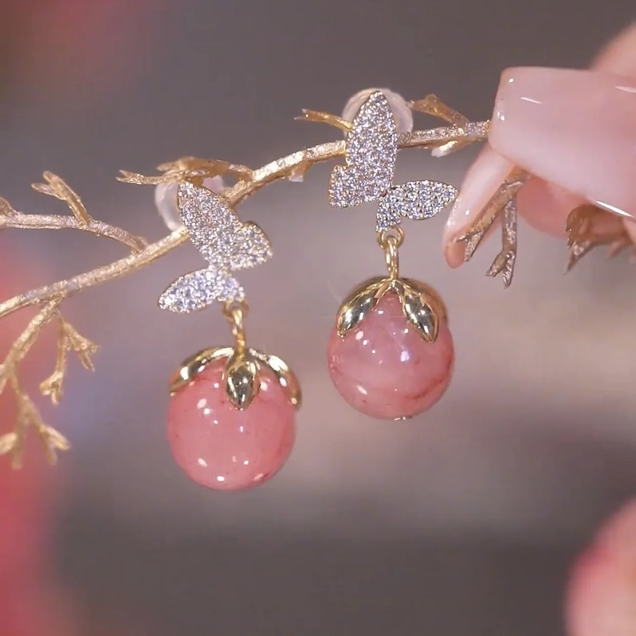 

Korean Cute Pink Opal Cherry Drop Earrings Girls Shiny Zircon Butterfly Cute Earrings For Women 2022 Trending Wedding Jewelry