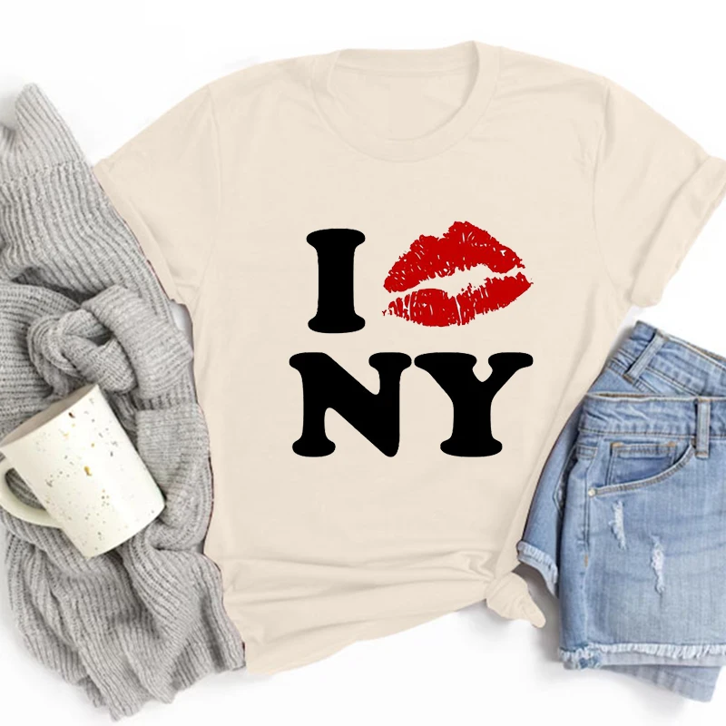 

I Love New York Red Lipstick Kissing Lips T-Shirt Ladies Casual Short Sleeve Tshirts Tops Summer Female Funny Clothing T-shirt