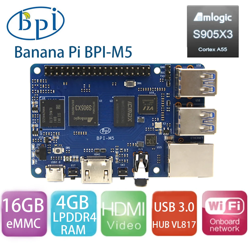 

Banana PI BPI-M5 Amlogic S905X3 Quad Core ARM Mali G31 4GB LPDDR4 RAM 16GB eMMC Flash Support Linux Ubuntu Debian Single Board