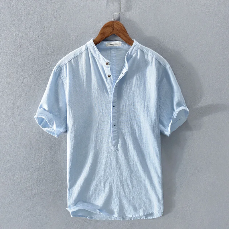 

100% Cotton Linen Hot Sale Men's Short-Sleeved Shirts Summer Solid Color Turn-down collar Casual Beach Style Plus Size