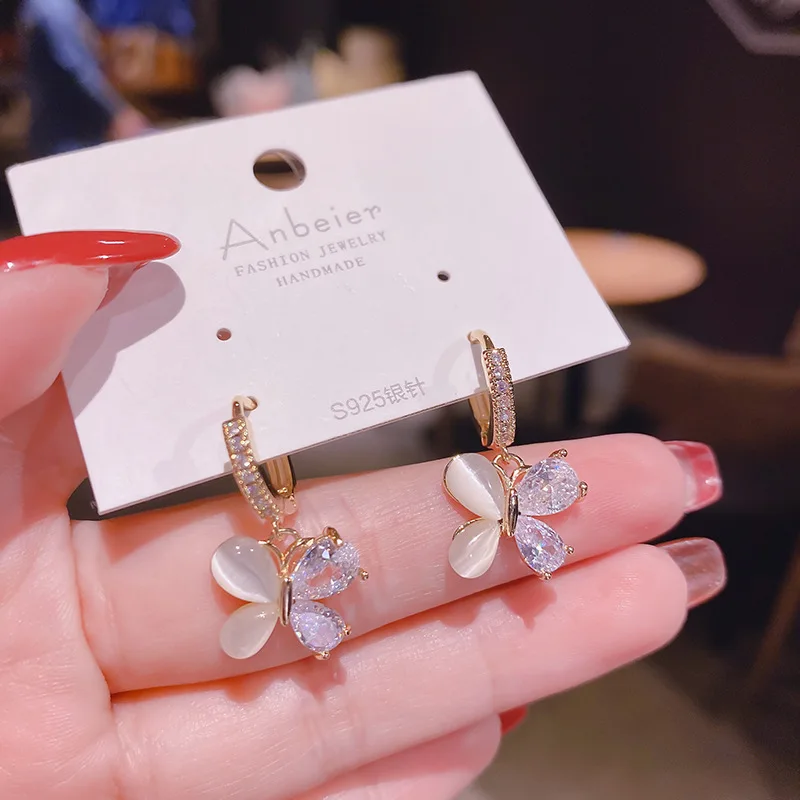 

Korean New Fashion Opal Flower Dangle Earrings Cute Girls Butterfly Pendant Women Earring Zircon Jewelry For Birthday Party Gift