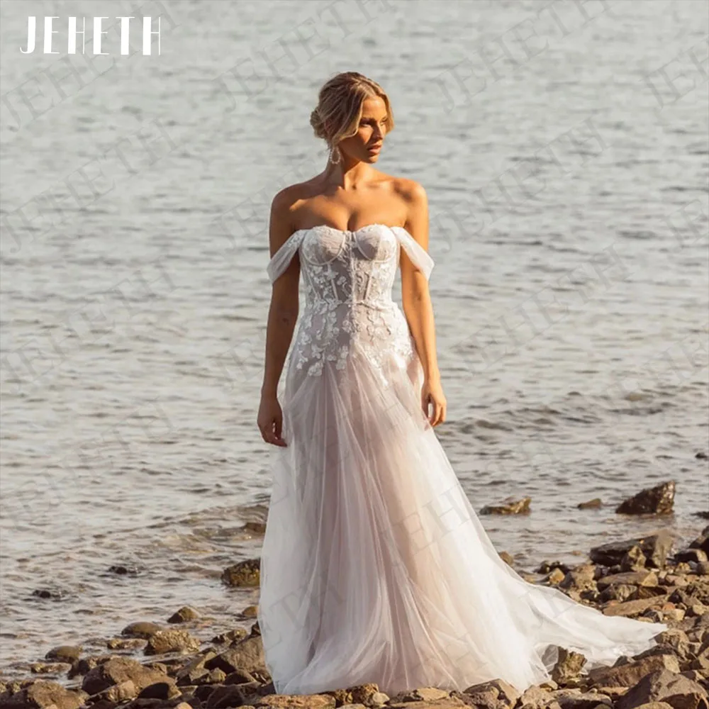 

JEHETH Beach Wedding Dresses For Bride Lace Applique Off Shoulder Backless Bridal Gown Tulle Sweetheart Vestidos De Boda 2023