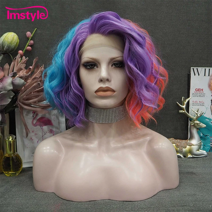 Imstyle Colorful Short Bob Wig Rainbow Synthetic Lace Front Wig Heat Resistant Fiber Party Wavy Wigs For Women Cosplay Wig