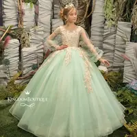 Mint Green 2023 Flower Girl Dresses Appliqued Ball Gown Little Kids Wedding Dress Communion Dresses Birthday Photoshoot Gowns