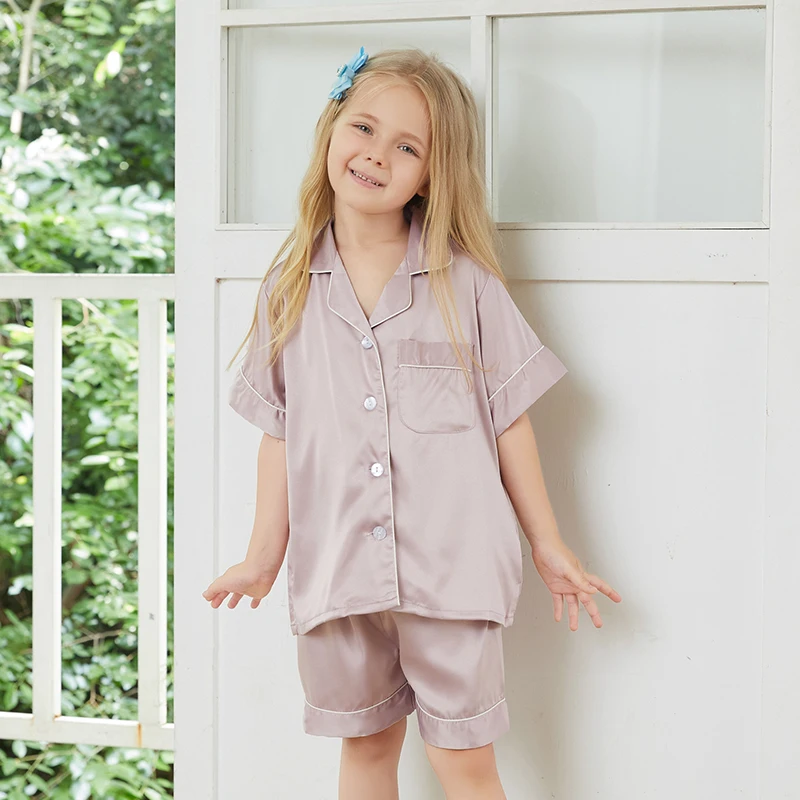 Пижамный комплект детский атласный розовая пижама с коротким рукавом одежда для